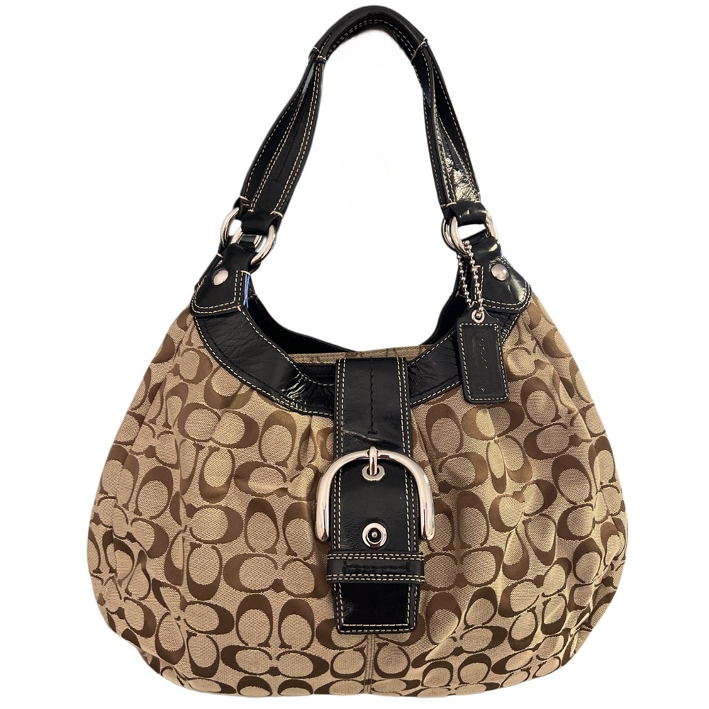 Coach Brown Monogram Shoulder Bag with Black Leather Trim.